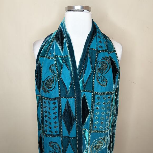 Teal Crushed Velvet Scarf Paisley Floral Geometric Sheer 58" x 9.5" - Picture 2 of 13